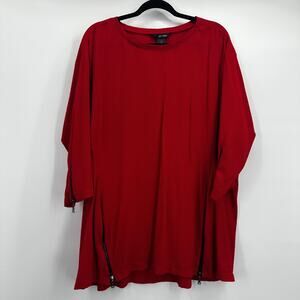 Ali Miles Tunic Womens 1X Red Textured Zip Sleeve Asymmetric Hem Seersucker Top